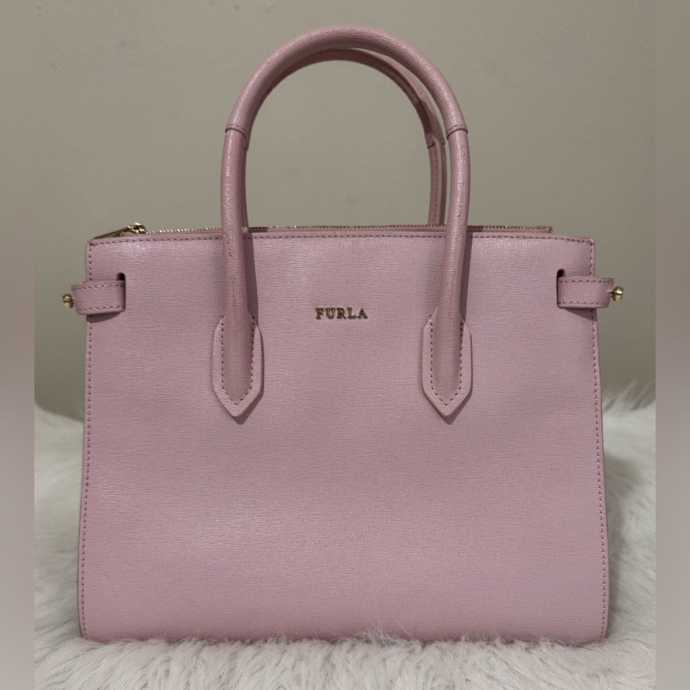 Furla Saffiano Leather Pin Satchel Crossbody Lilac Lavender Gold Hardware EUC
